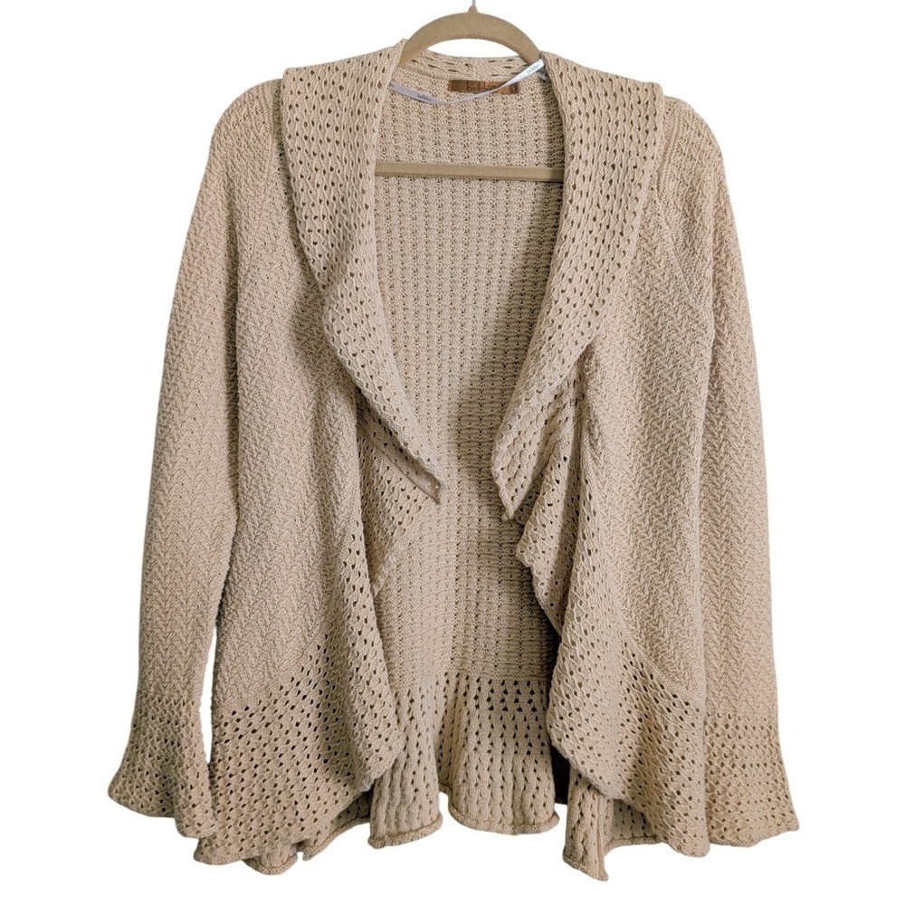 Belldini Y2K Cottage Whimsy Oatmeal Crochet Bell Sleeve Knitted Cardigan